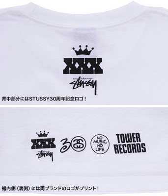 TOWER RECORDS×STUSSY Music is life Tee White/XLサイズ